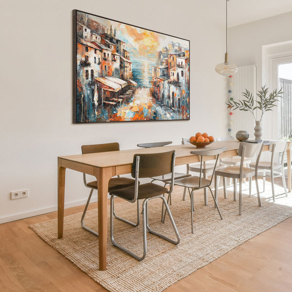 Esszimmer mit Stadtbild – Acrylbild mediterrane Szene