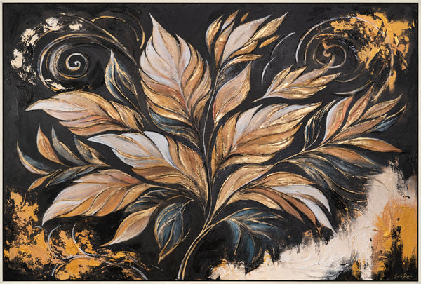 Handgemaltes Leinwandbild "Goldene Blätter" – goldene Blätter auf schwarzem Hintergrund, moderne Wanddekoration