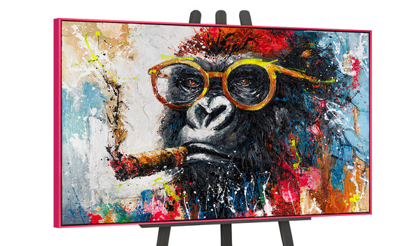 Buntes Tierbild mit pinkem Rahmen – moderne Staffelei-Kunst