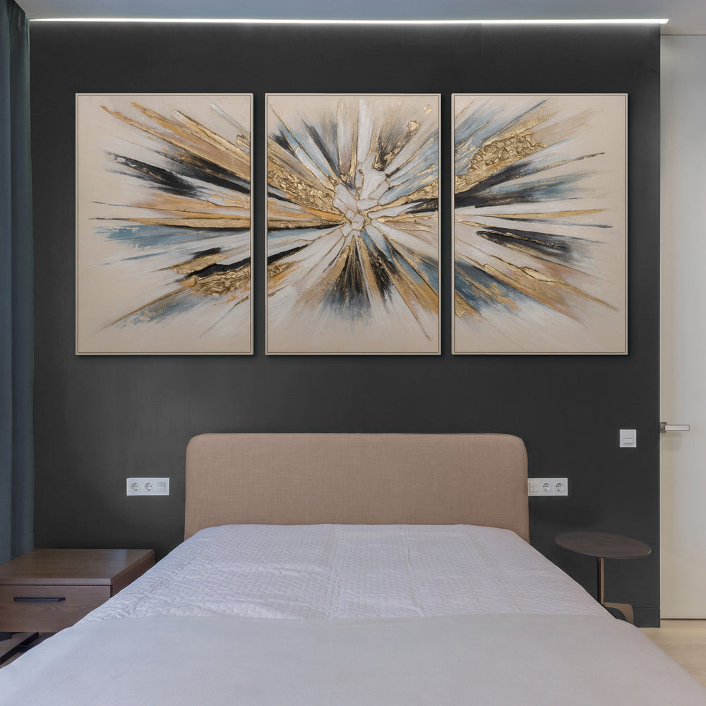 Triptychon Schlafzimmer überm Bett – Wandbild 3-teilig mit goldener Explosion auf dunkler Wand