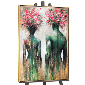 Modern Canvas Painting "Flower Silhouettes" – Abstract Art with Gold Frame
