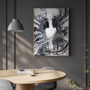 Monochrome Acrylic Painting with Frame "Two Faces" – Emotional Wall Art on Canvas
