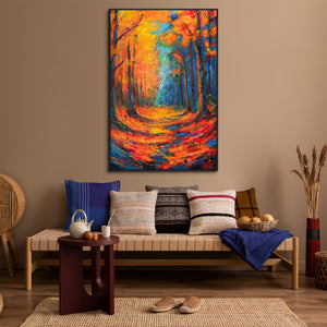 Canvas Wall Art with Frame „Glowing Paths in Autumn Forest“ – Hand-painted with Texture
