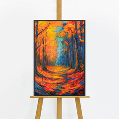 Handgemaltes Herbstbild „Atem des Laubs" auf Staffelei – Herbstwaldallee in Orange & Blau, schwarzer Rahmen