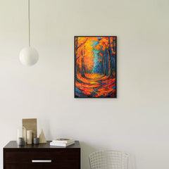 Herbstbild „Atem des Laubs" im modernen Wohnzimmer – expressive Wanddeko in Orange und Blau