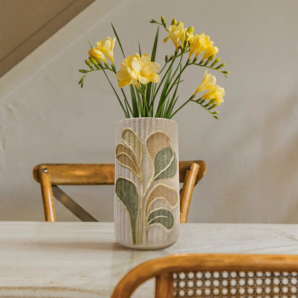 Keramik bodenvase beige handbemaltes Blattmotiv, 22 cm