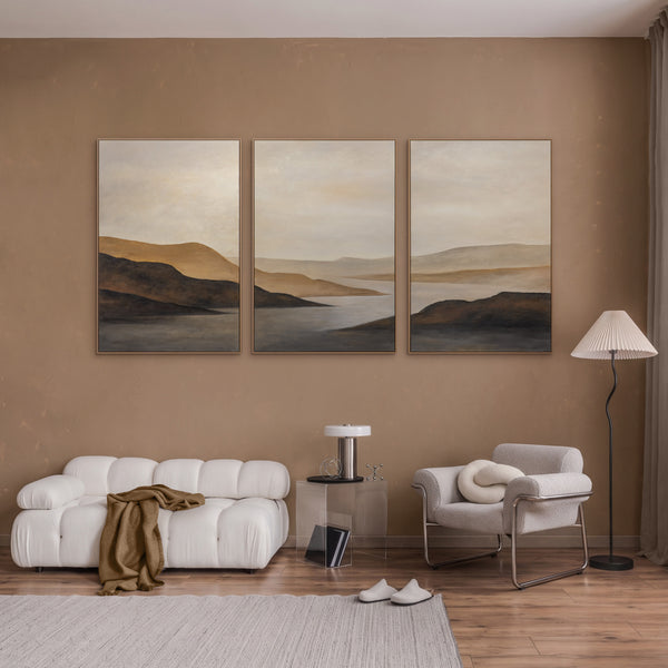 Acrylbild auf Leinwand „Sanfter Sonnenaufgang“ – Handgemalte Landschaft in Beige & Braun