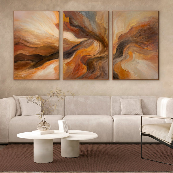 „Blitz der Ewigkeit“ – abstraktes Triptychon in Braun und Orange