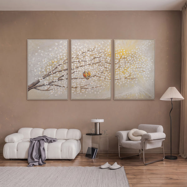 „Sonnenaufgang“ – Handgemaltes Triptychon mit Vögeln und Blüten