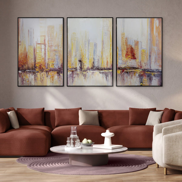 „Morgens in Megapolis“ – modernes Stadtbild als 3-teiliges Triptychon