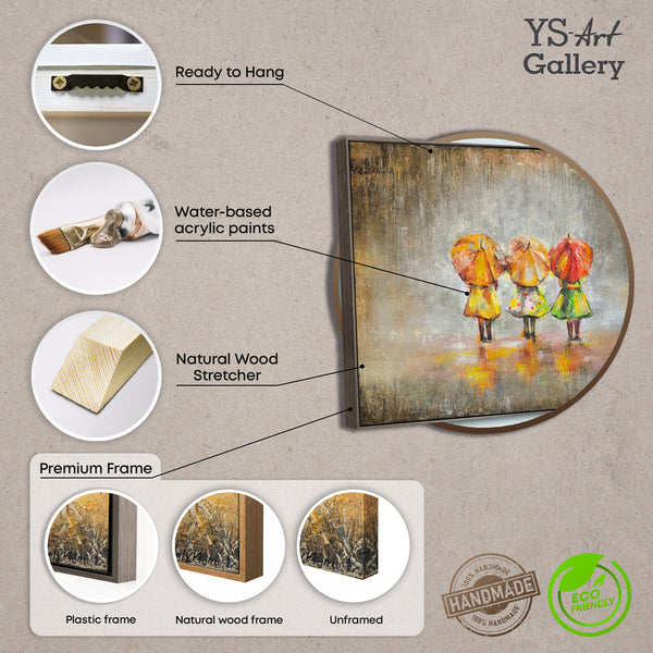 Abstrakte Acrylmalerei auf Leinwand - Drei Menschen mit Regenschirmen im Regen