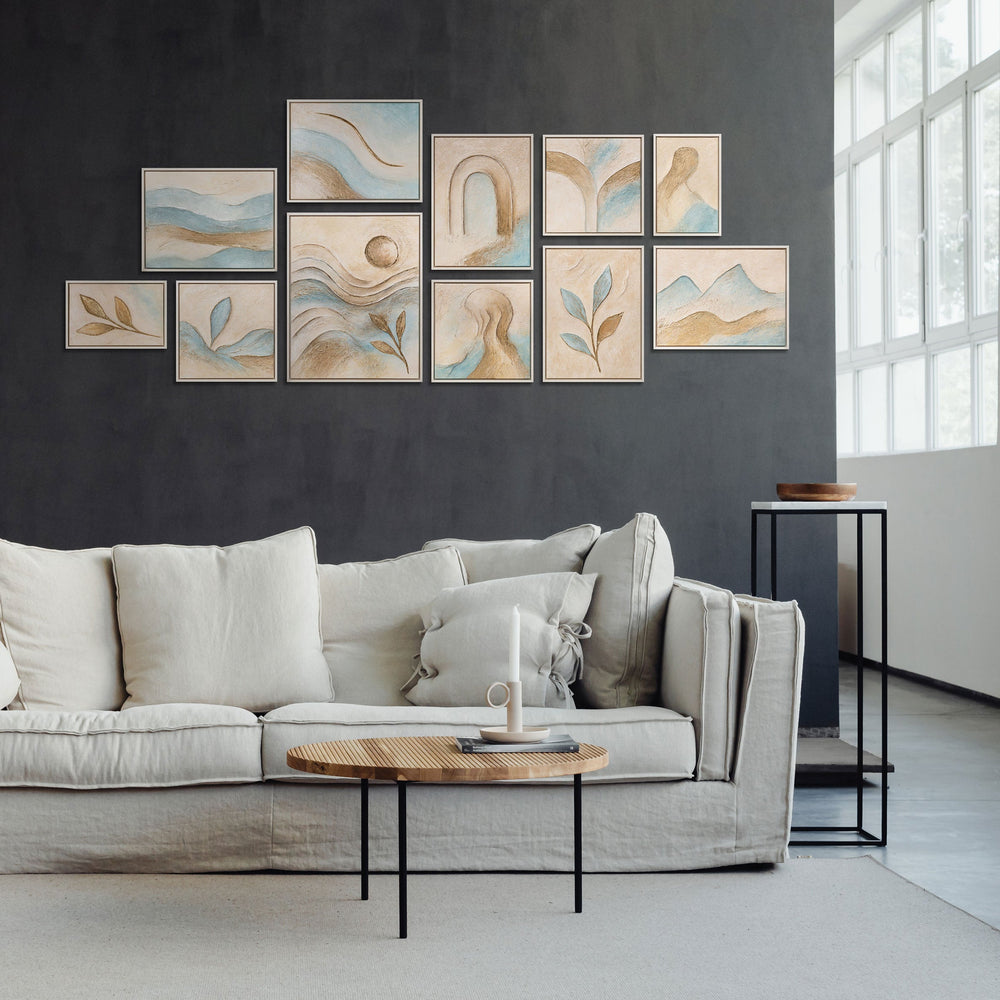 Handgemalte Bilderwand Set in Blau, Beige und Gold