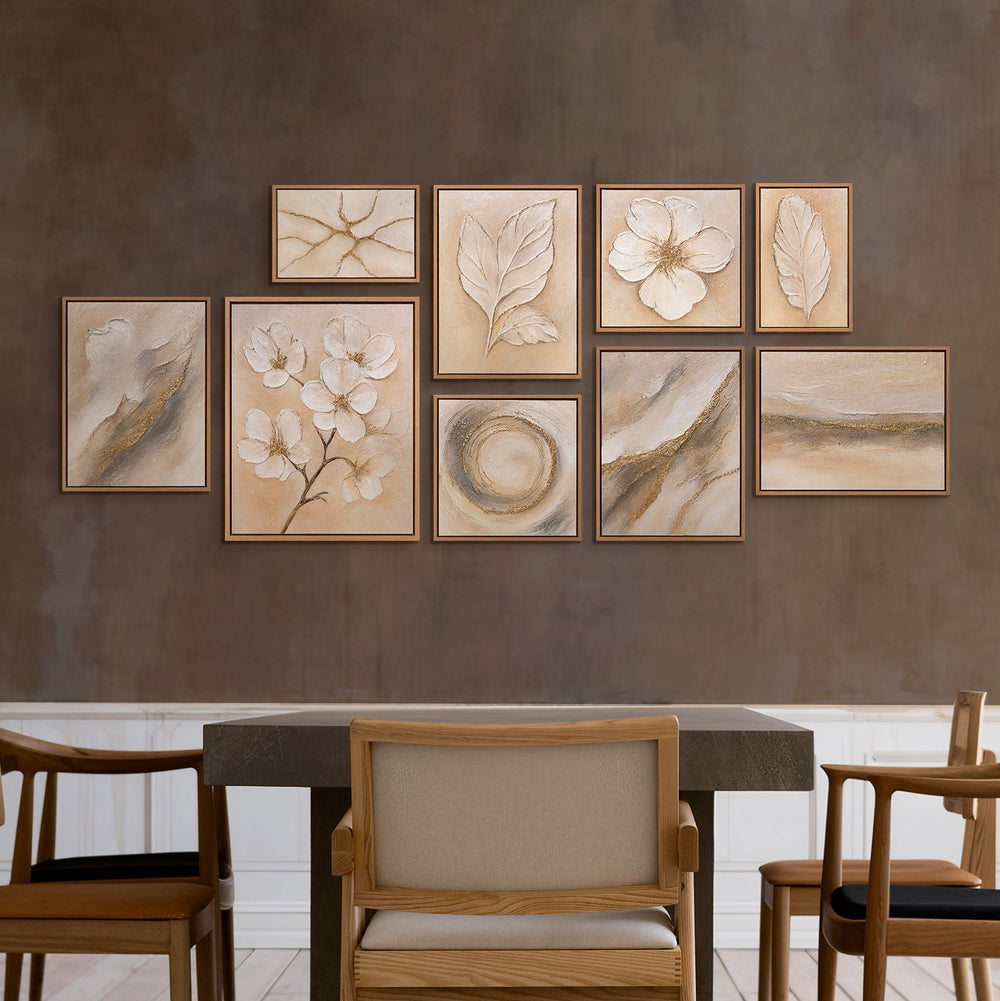 Wandbilder Blumen handgemalt Set Atem des Frühlings Beige Gold
