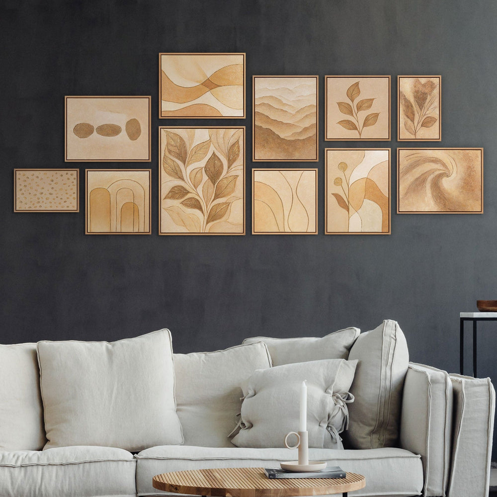 Wandbilder Blätter handgemalt Set Rascheln des Laubs Beige Gold