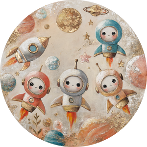 Space Wall Art for Kids – Round Canvas Painting "Baby Astronauts", Handmade Acrylic