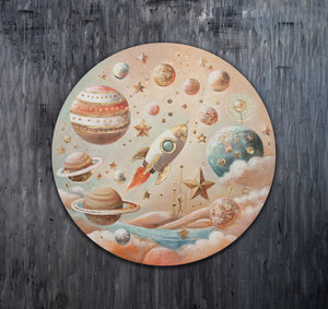 Runde Leinwand mit strahlenden Sternen und galaktischen Planeten.