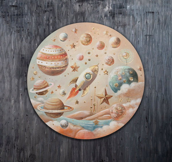 Runde Leinwand mit strahlenden Sternen und galaktischen Planeten.