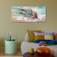 Moderne Acrylmalerei mit Feder – Wanddeko handgemalt "Leuchtendes Gefieder" 115x50cm
