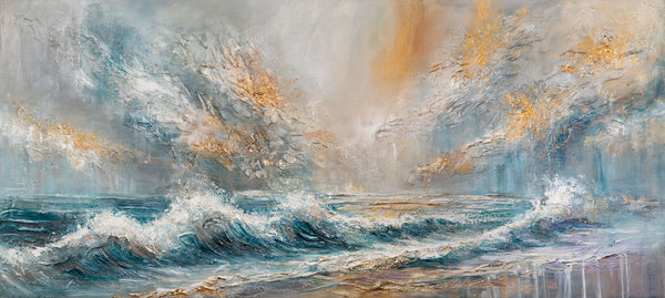 Handgemaltes Wandbild "Sea Dawn" - abstraktes Acrylgemälde mit Wellen auf Leinwand 115x50cm