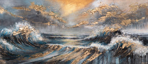 "Shining Waves" Acrylic Painting 115x50cm – Abstract Ocean Art with Sunset Accents
