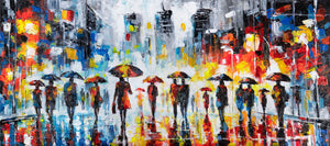 Handgemalte acrylbilder auf Leinwand abstrakt "Bunter Abend" – Wanddeko mit Regenschirmen 115x50cm