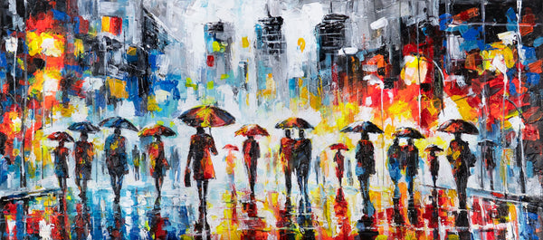 Handgemalte acrylbilder auf Leinwand abstrakt "Bunter Abend" – Wanddeko mit Regenschirmen 115x50cm