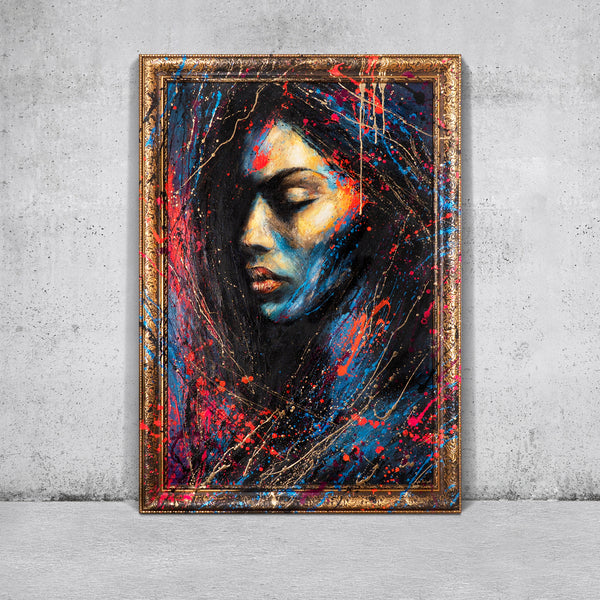 Wanddeko für Wohnzimmer mit Rahmen – Acrylgemälde "Gold in der Dunkelheit" in leuchtenden Farben