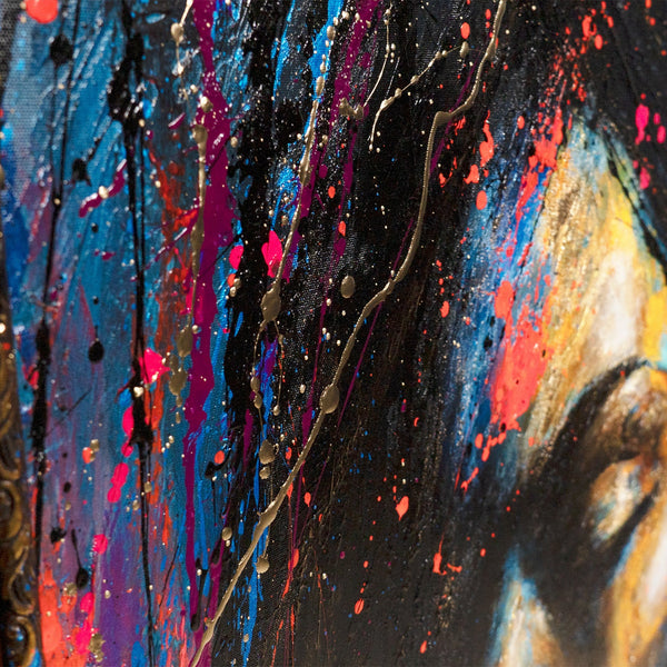 Wanddeko für Wohnzimmer mit Rahmen – Acrylgemälde "Gold in der Dunkelheit" in leuchtenden Farben