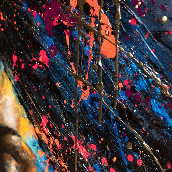Wanddeko für Wohnzimmer mit Rahmen – Acrylgemälde "Gold in der Dunkelheit" in leuchtenden Farben