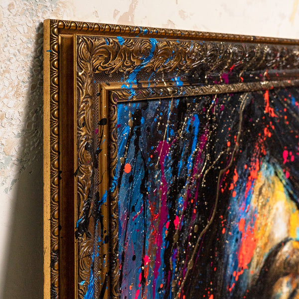 Wanddeko für Wohnzimmer mit Rahmen – Acrylgemälde "Gold in der Dunkelheit" in leuchtenden Farben