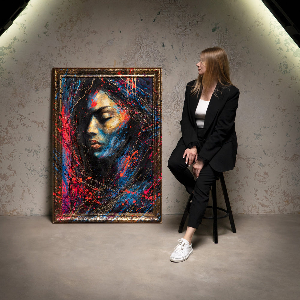Wanddeko für Wohnzimmer mit Rahmen – Acrylgemälde "Gold in der Dunkelheit" in leuchtenden Farben