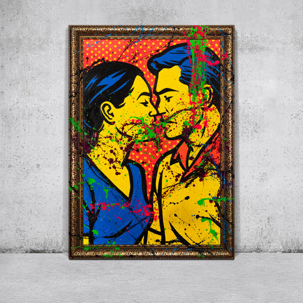 Handgemalte Pop-Art Gemälde – Moderne Wandbilder Wohnzimmer „Farbiger Kuss“
