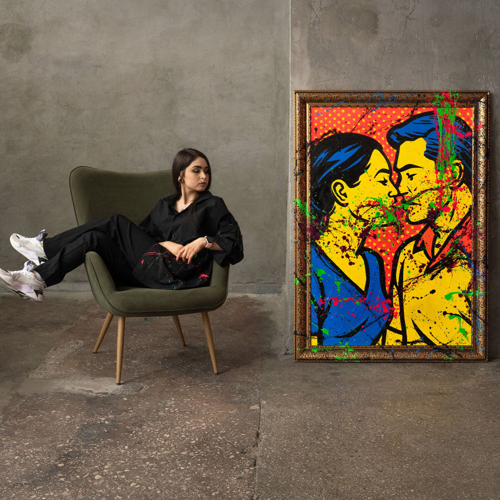 Handgemalte Pop-Art Gemälde – Moderne Wandbilder Wohnzimmer „Farbiger Kuss“