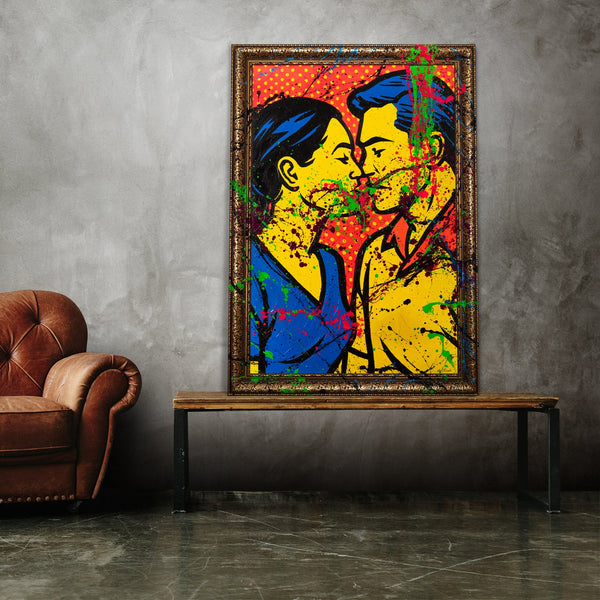 Handgemalte Pop-Art Gemälde – Moderne Wandbilder Wohnzimmer „Farbiger Kuss“