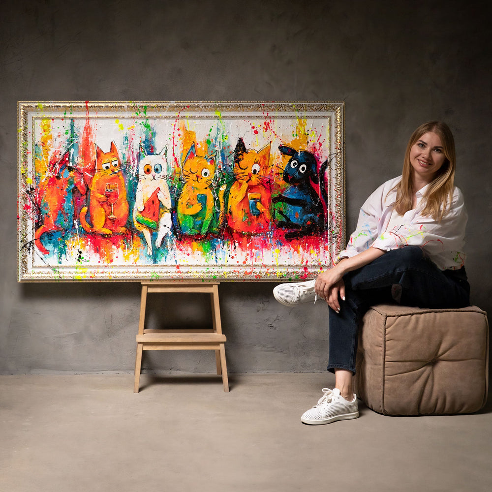 Bunte Katzenbilder Pop Art – Handgemalte Wandbilder „Katzen, Farbe, Spaß“