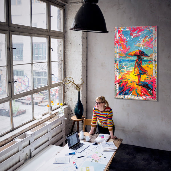 Abstrakte Wandbilder Wohnzimmer – Farbexplosion Gemälde „Sonne entgegen“