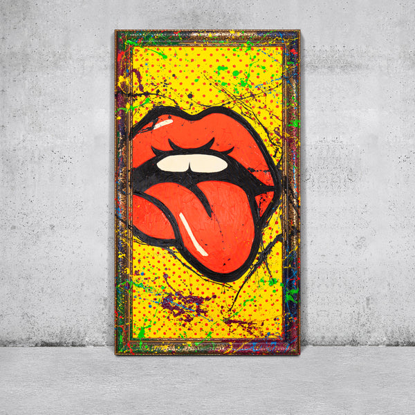 Handgemaltes Wandbilder Wohnzimmer – Abstrakte Kunst mit Pop-Art Mund „WOW“