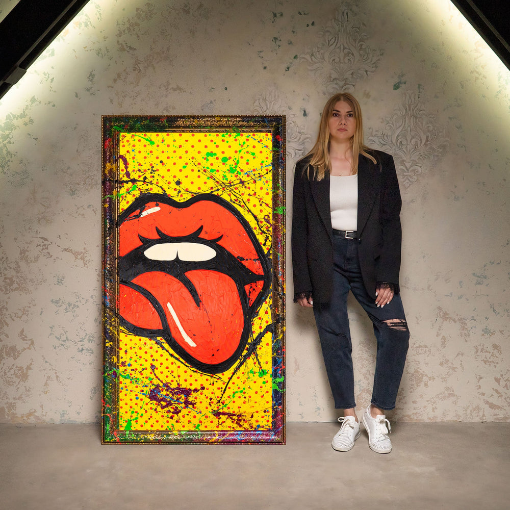 Handgemaltes Wandbilder Wohnzimmer – Abstrakte Kunst mit Pop-Art Mund „WOW“