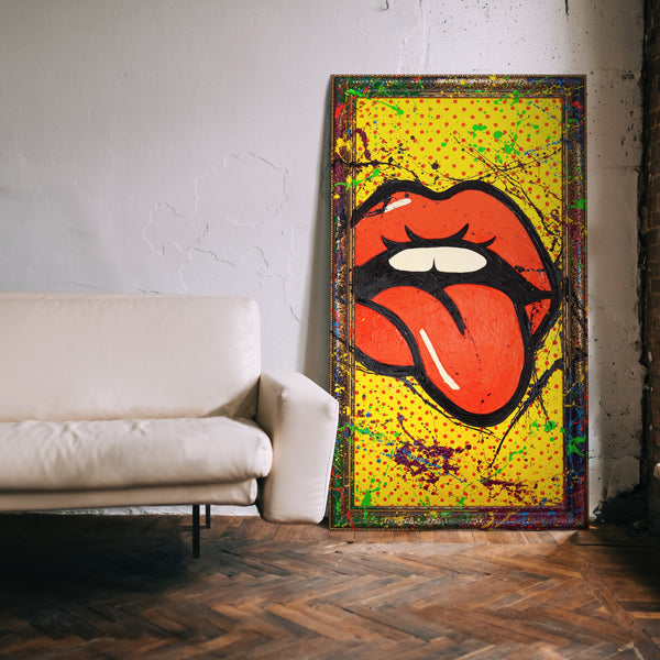 Handgemaltes Wandbilder Wohnzimmer – Abstrakte Kunst mit Pop-Art Mund „WOW“