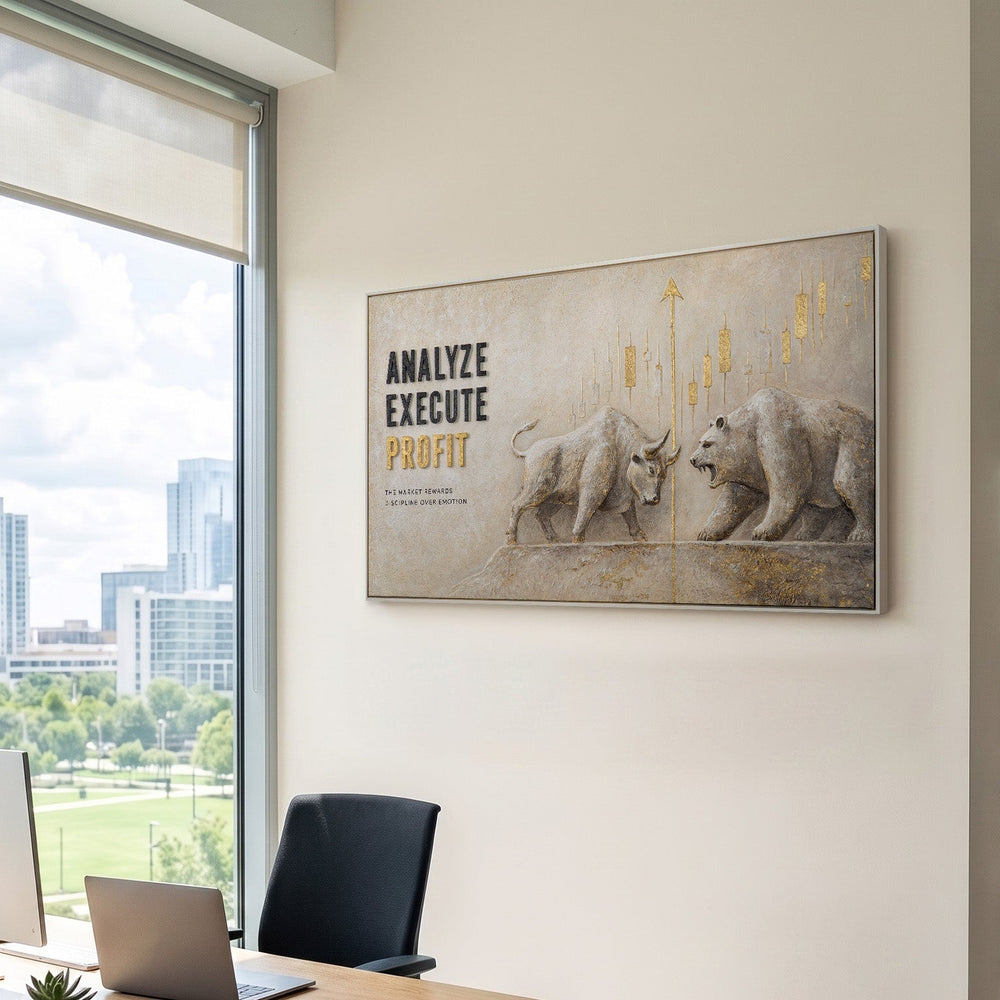 Bilder fürs Büro – Modernes Wandbild Büro XXL mit Bullen und Bären Motiv im Chefbüro