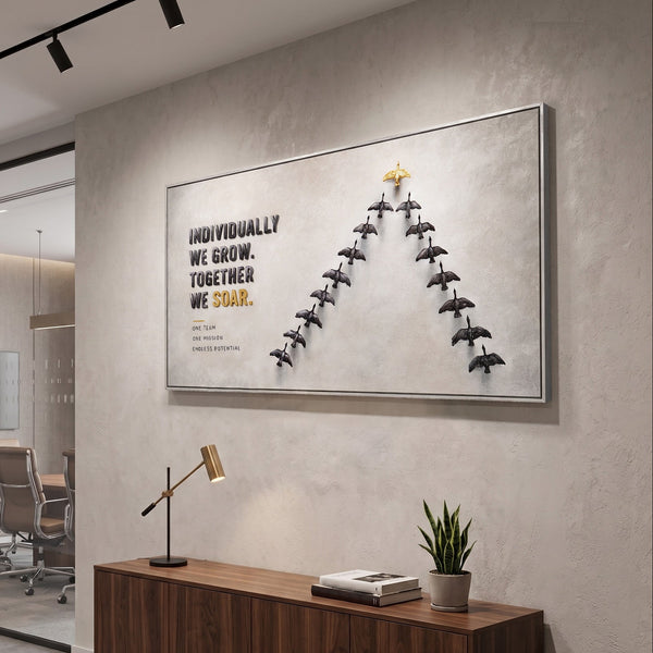Together We Soar – handgemaltes Motivationsbild fürs Büro mit 3D-Relief, 140 × 70 cm