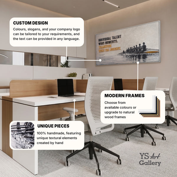Teamwork Wins – handgemaltes Wandbild fürs Büro mit 3D-Relief, 140 × 70 cm