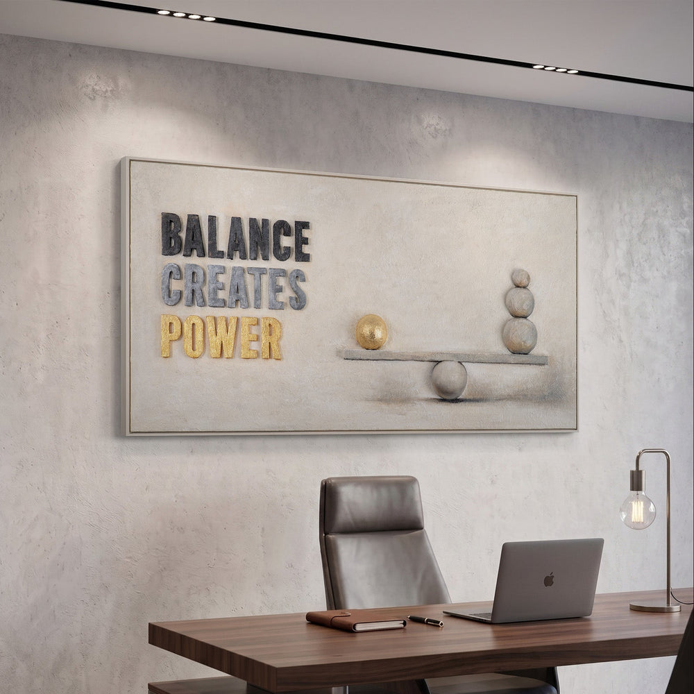 Motivationsbild Büro – Modernes Panorama Leinwandbild mit Steinwaage über dem Schreibtisch im Chefbüro