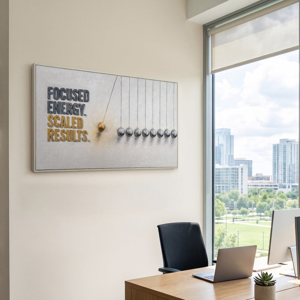 Motivationsbild Büro – Modernes Panorama Leinwandbild mit Newtons Wiege über dem Schreibtisch im Chefbüro