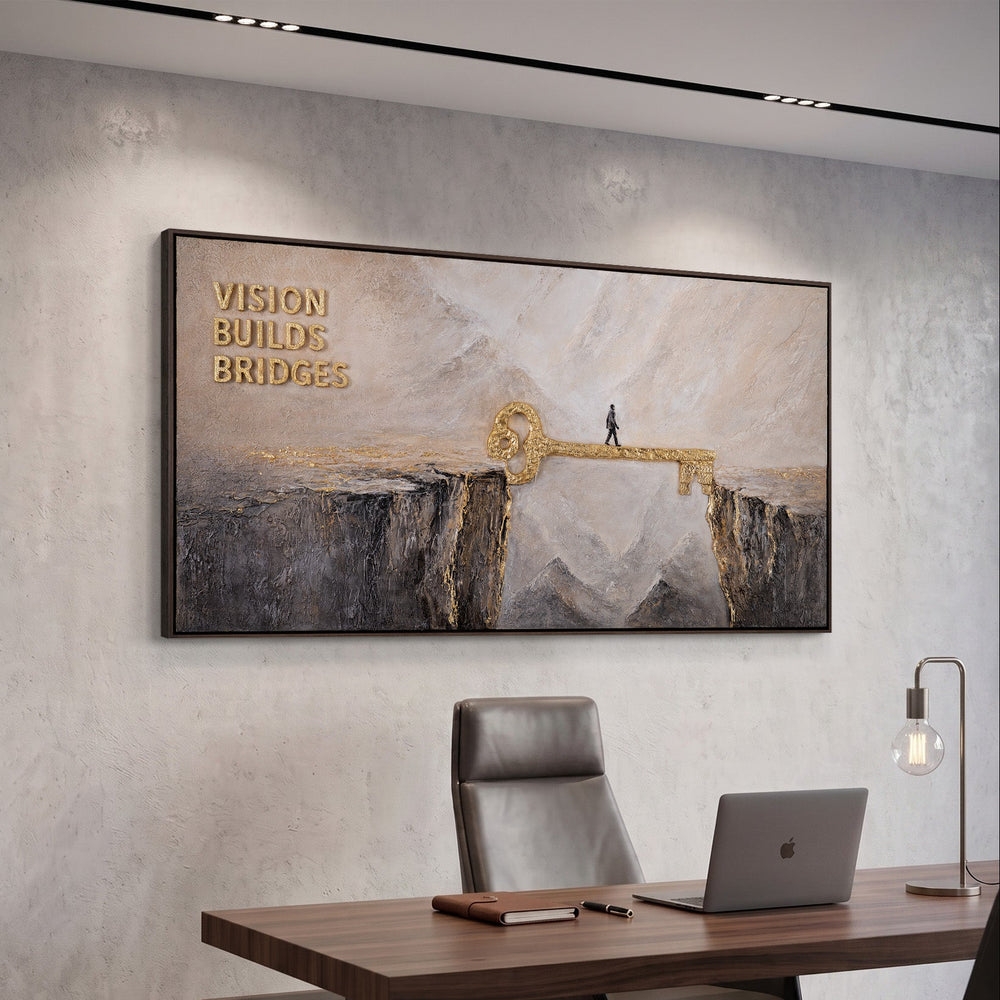 Motivationsbild Büro – Modernes Panorama Leinwandbild mit goldenem Schlüssel über dem Schreibtisch im Chefbüro