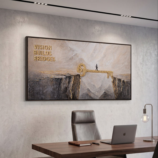 Vision Builds Bridges – handgemaltes 3D Wandbild fürs Büro mit echtem Relief, 140 × 70 cm