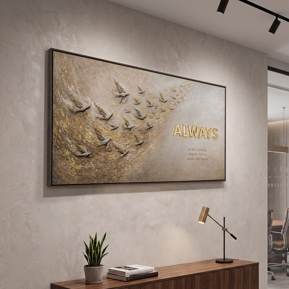 Motivationsbild Büro Vögel – Modernes Panorama Leinwandbild Always Rise Above in Beige Gold über der Kommode