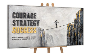Courage Strategy – handgemaltes Motivationsbild fürs Büro mit 3D-Relief, 140 × 70 cm