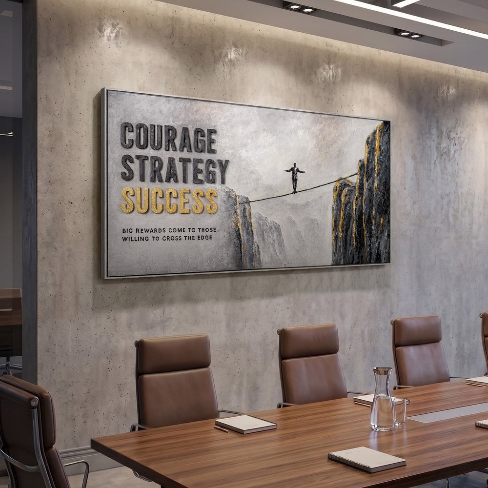Motivationsbild Büro Seiltänzer – Modernes Panorama Leinwandbild Courage Strategy Success im Konferenzraum