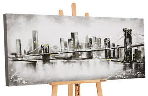 Handgemaltes Bild Brooklyn Bridge – Schwarz Weiß Silber mit Goldakzenten